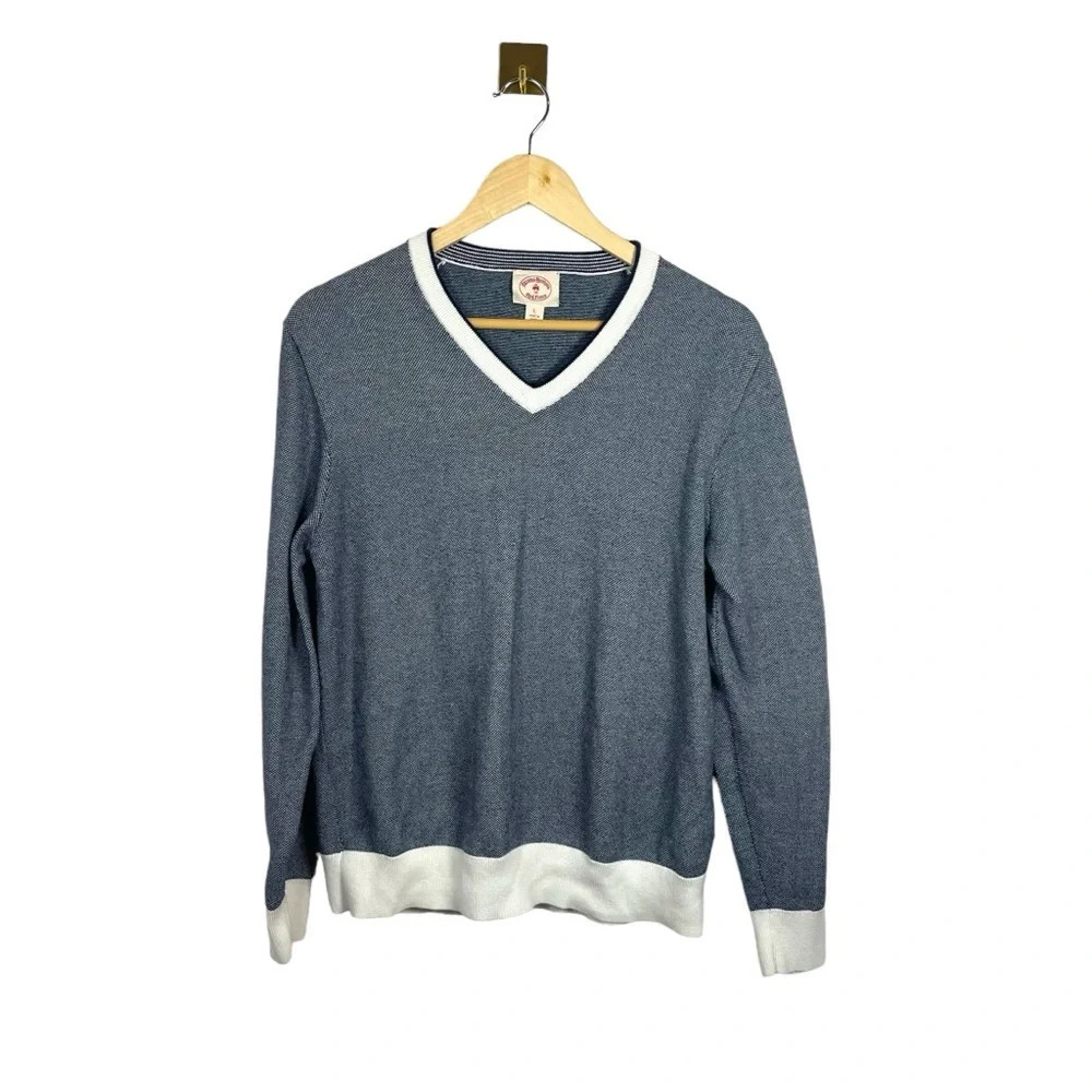 Brooks Brothers Red Fleece Speckled Cotton V Neck Sweater Navy White Mens L
